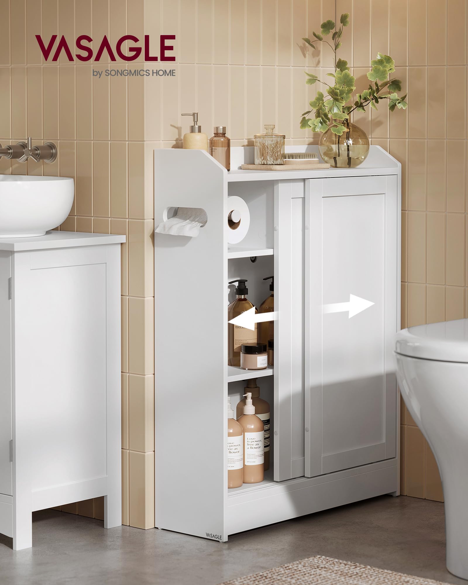 VASAGLE toilet paper holder slot on both sides enables flexible placement.