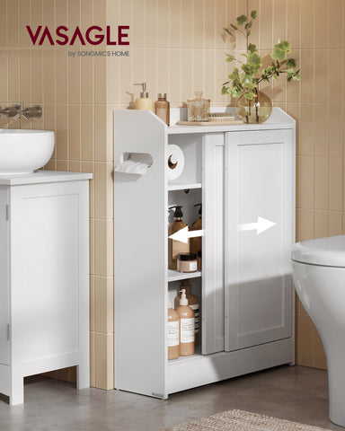 VASAGLE toilet paper holder slot on both sides enables flexible placement.