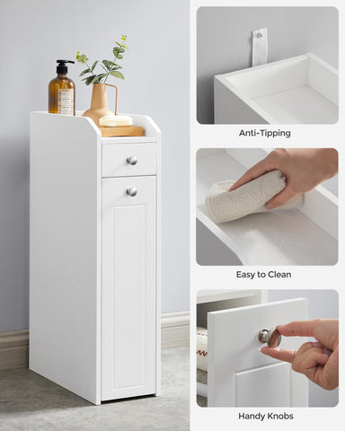 VASAGLE compact cabinet stores toilet paper and bath products neatly.