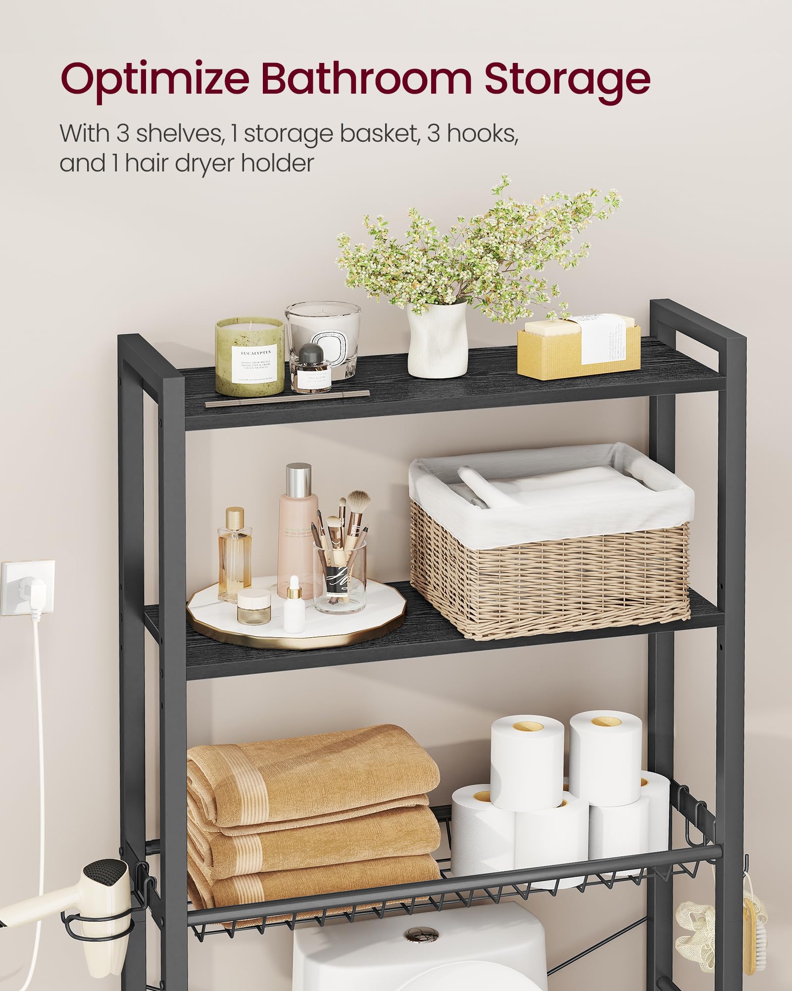 VASAGLE toilet storage basket holder keeps essentials organized.