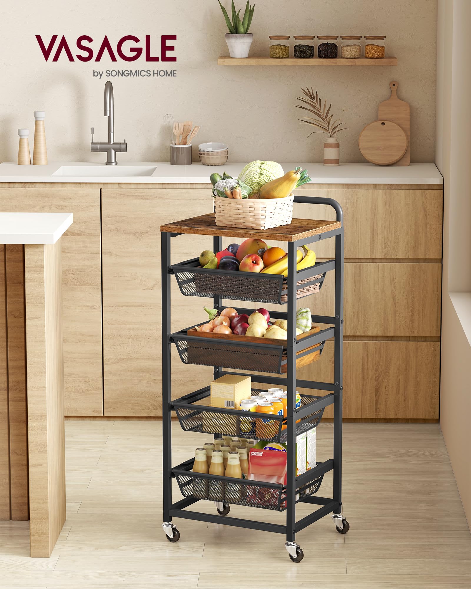 VASAGLE cart top shelf ideal for utensils or small appliances.