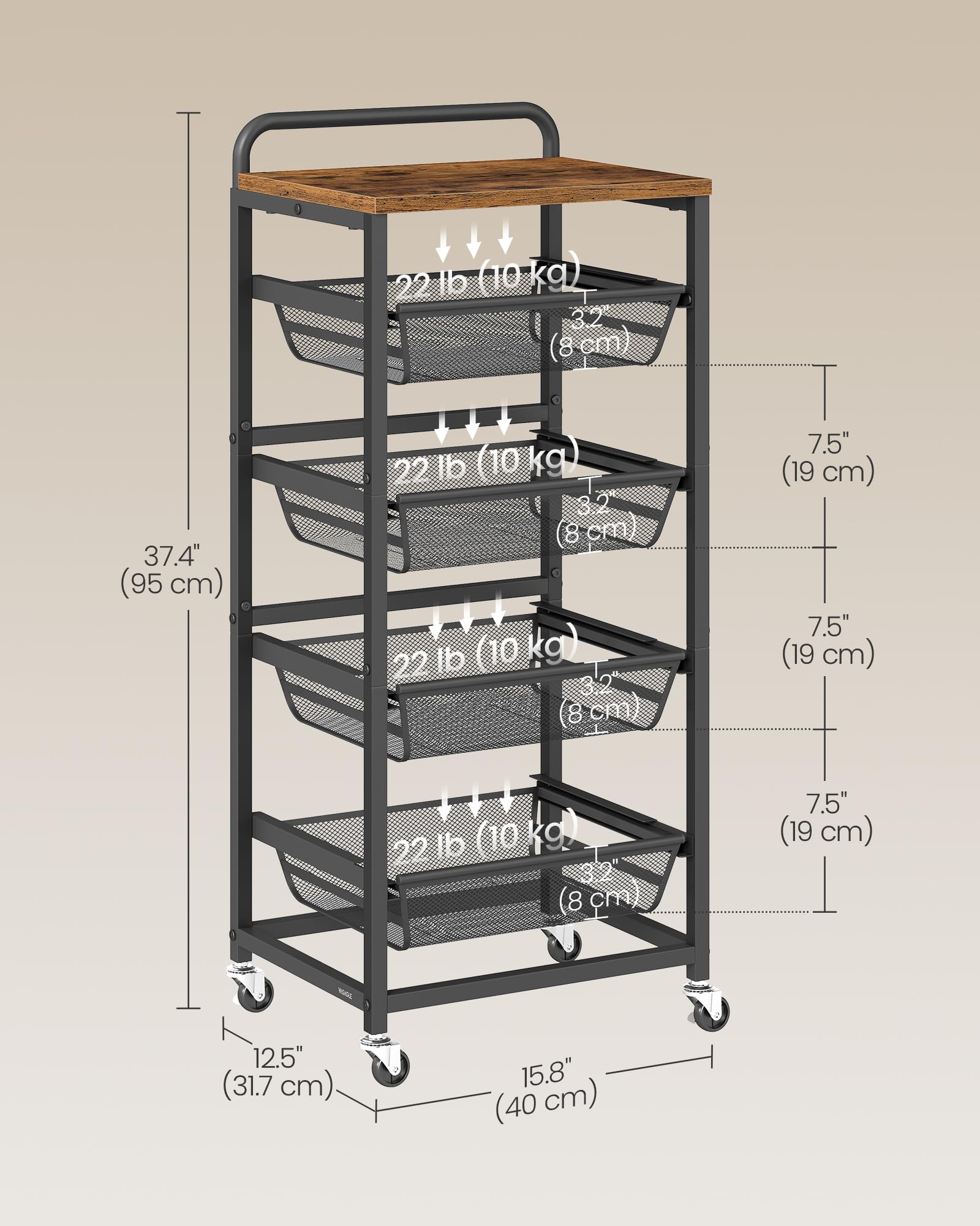 VASAGLE top surface supports lightweight appliances or decor.