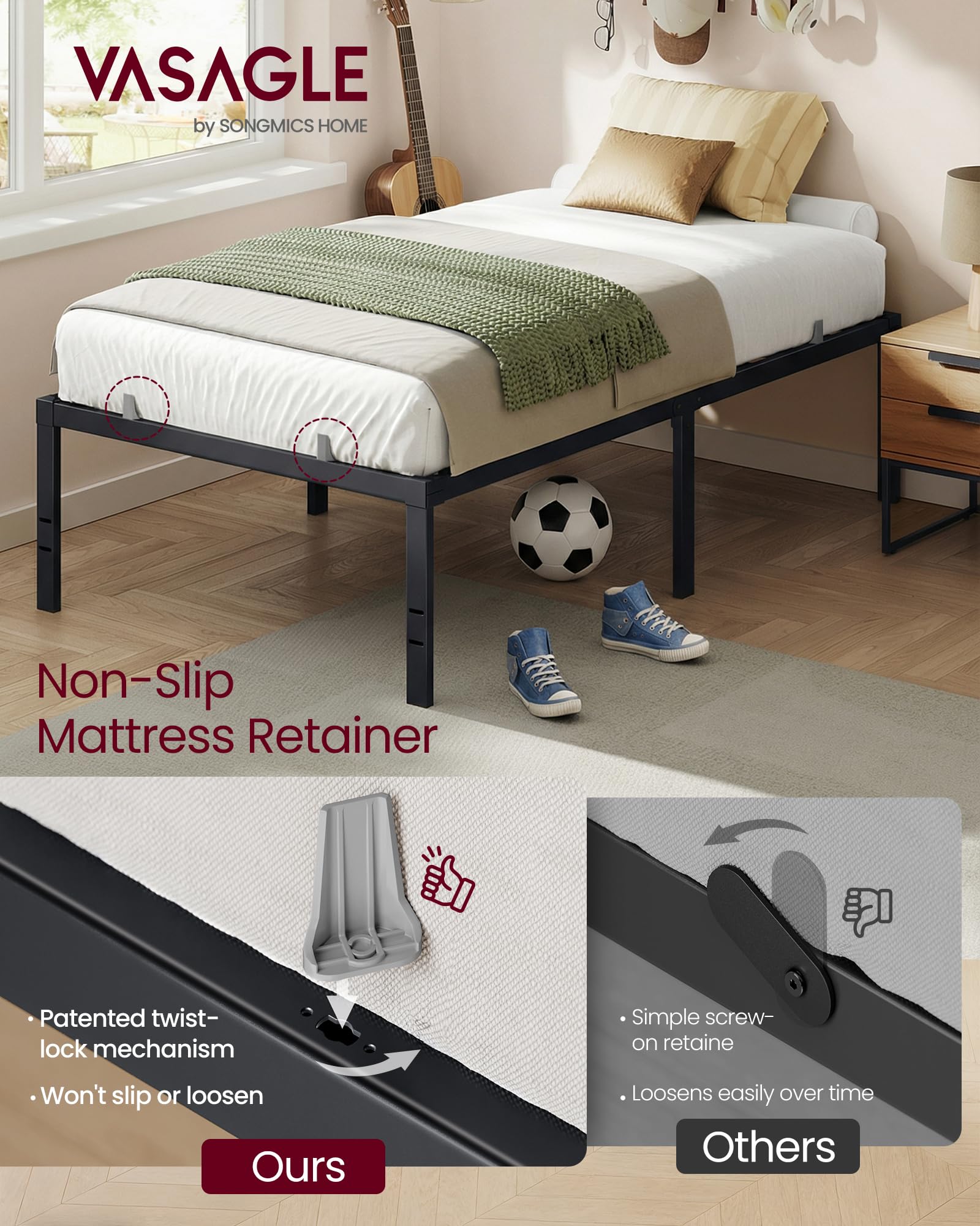 VASAGLE twin bed frame showcases 550 lb capacity for stable use.