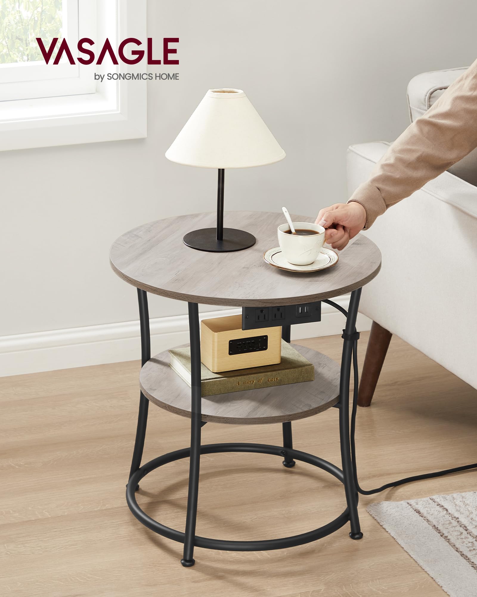 VASAGLE two-tier shelves closeup showing stylish finishes and storage