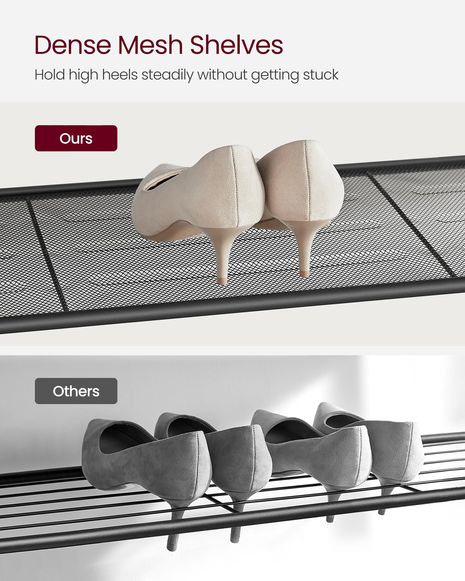 VASAGLE ULBS15BX four mesh shelves hold 16–20 pairs of shoes efficiently.