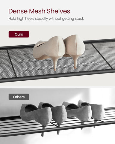 VASAGLE ULBS15BX four mesh shelves hold 16–20 pairs of shoes efficiently.