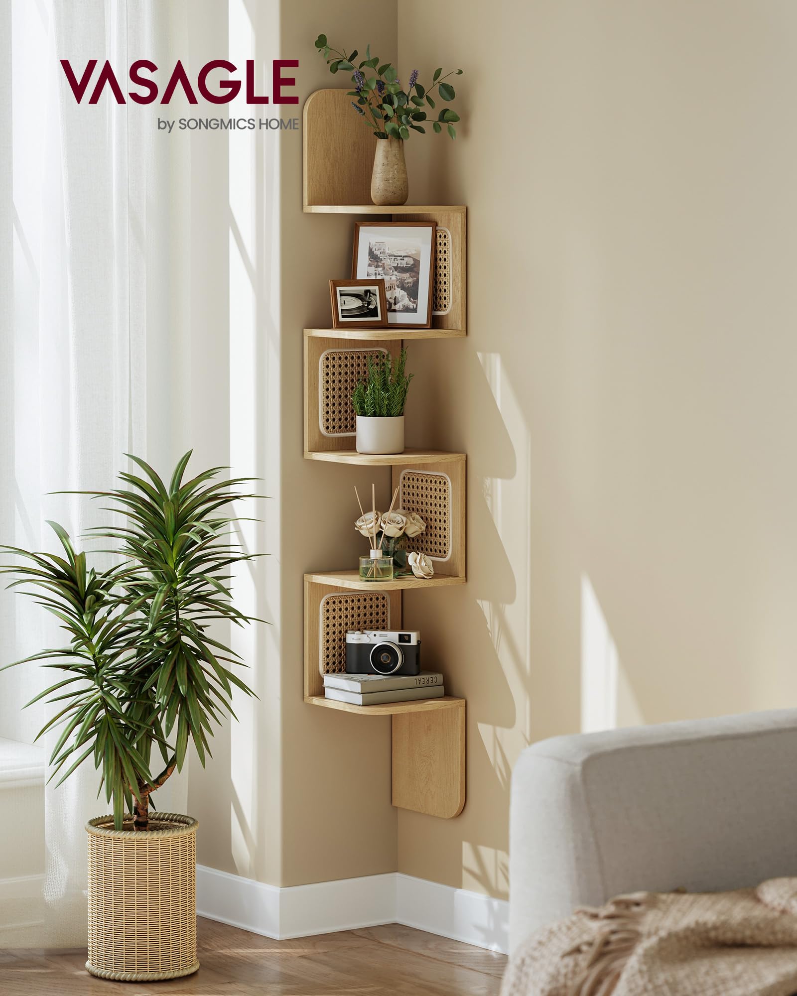 VASAGLE wall-mounted floating shelf highlighting boho style in oak beige.