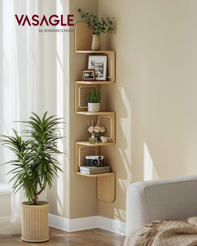 VASAGLE wall-mounted floating shelf highlighting boho style in oak beige.