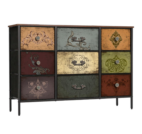 VASICAR dresser with nine deep drawers providing organized clothing storage.