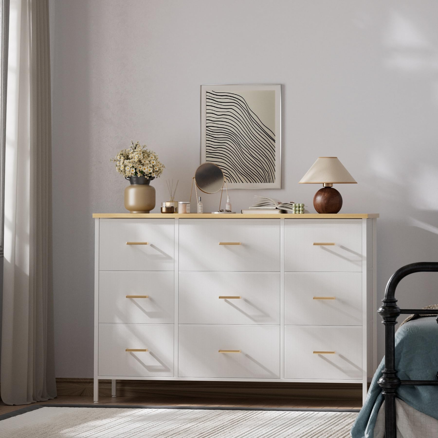 VASICAR wide TV stand bedroom storage demonstrating clothes organization