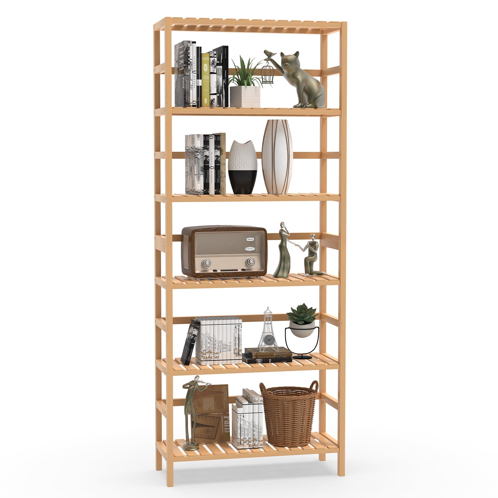 VASMIA 6-tier bamboo shelf assembly view shows sturdy, sustainable design for home organization.