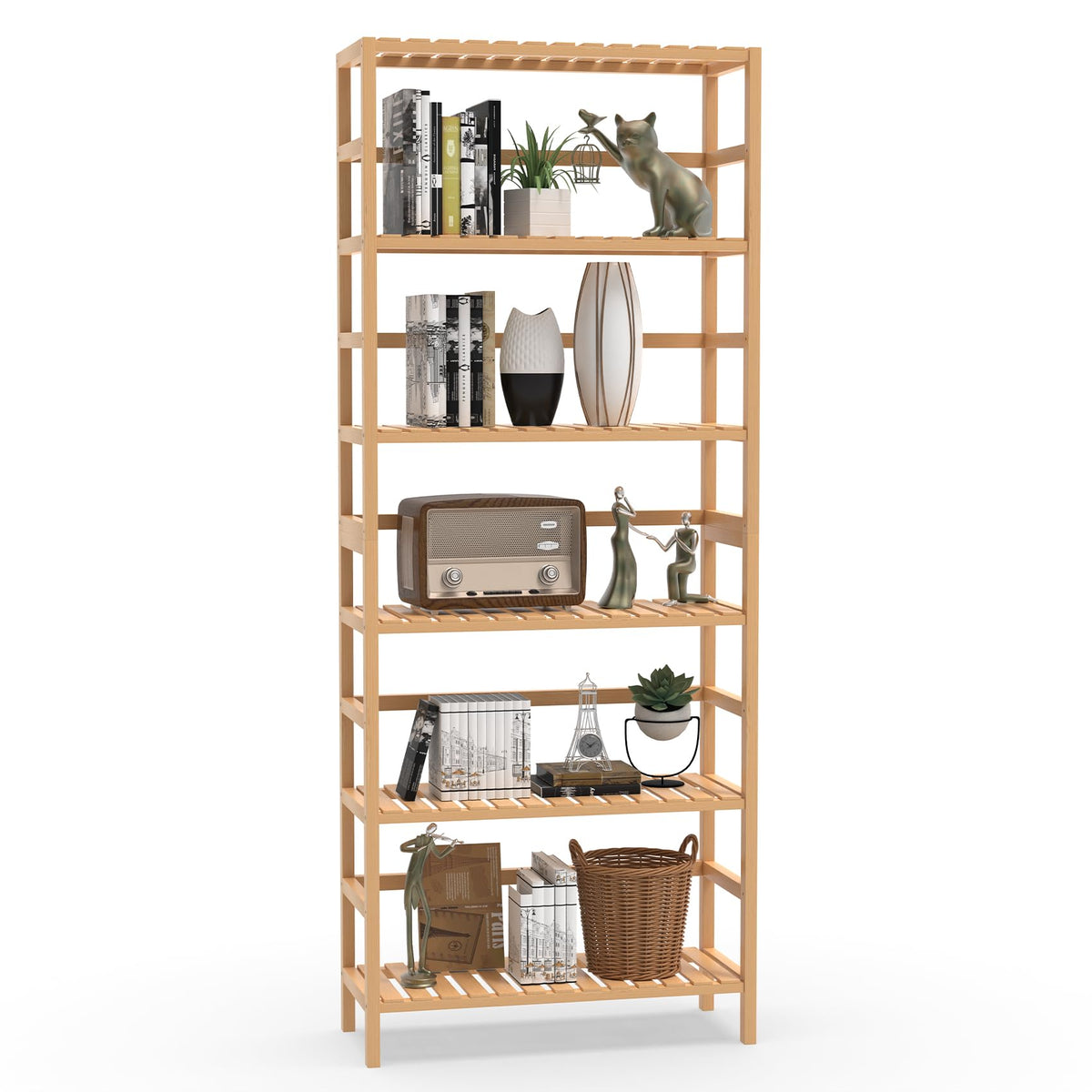 VASMIA 6-tier bamboo shelf assembly view shows sturdy, sustainable design for home organization.