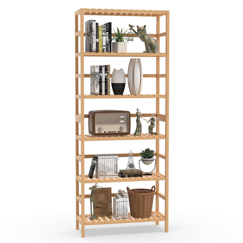 VASMIA 6-tier bamboo shelf assembly view shows sturdy, sustainable design for home organization.