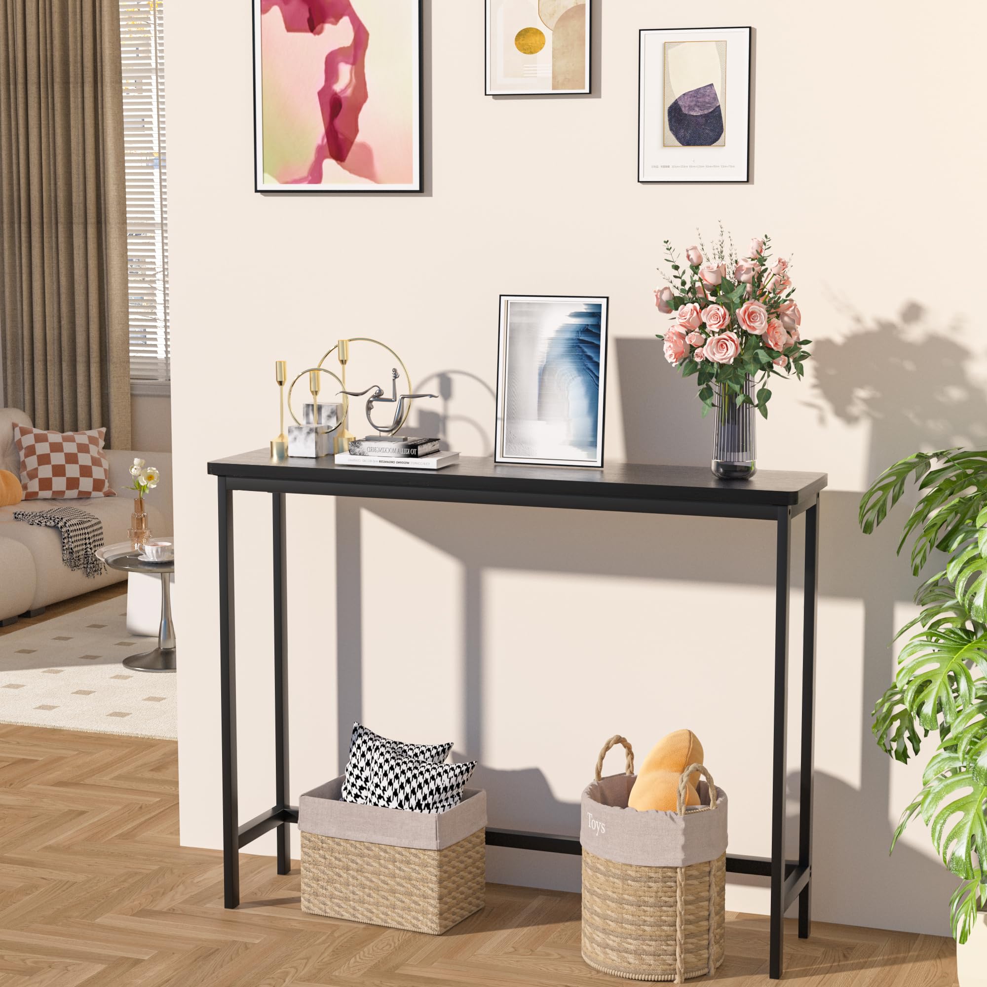 VASMIA bamboo console table side view highlighting sturdy, eco-friendly construction.