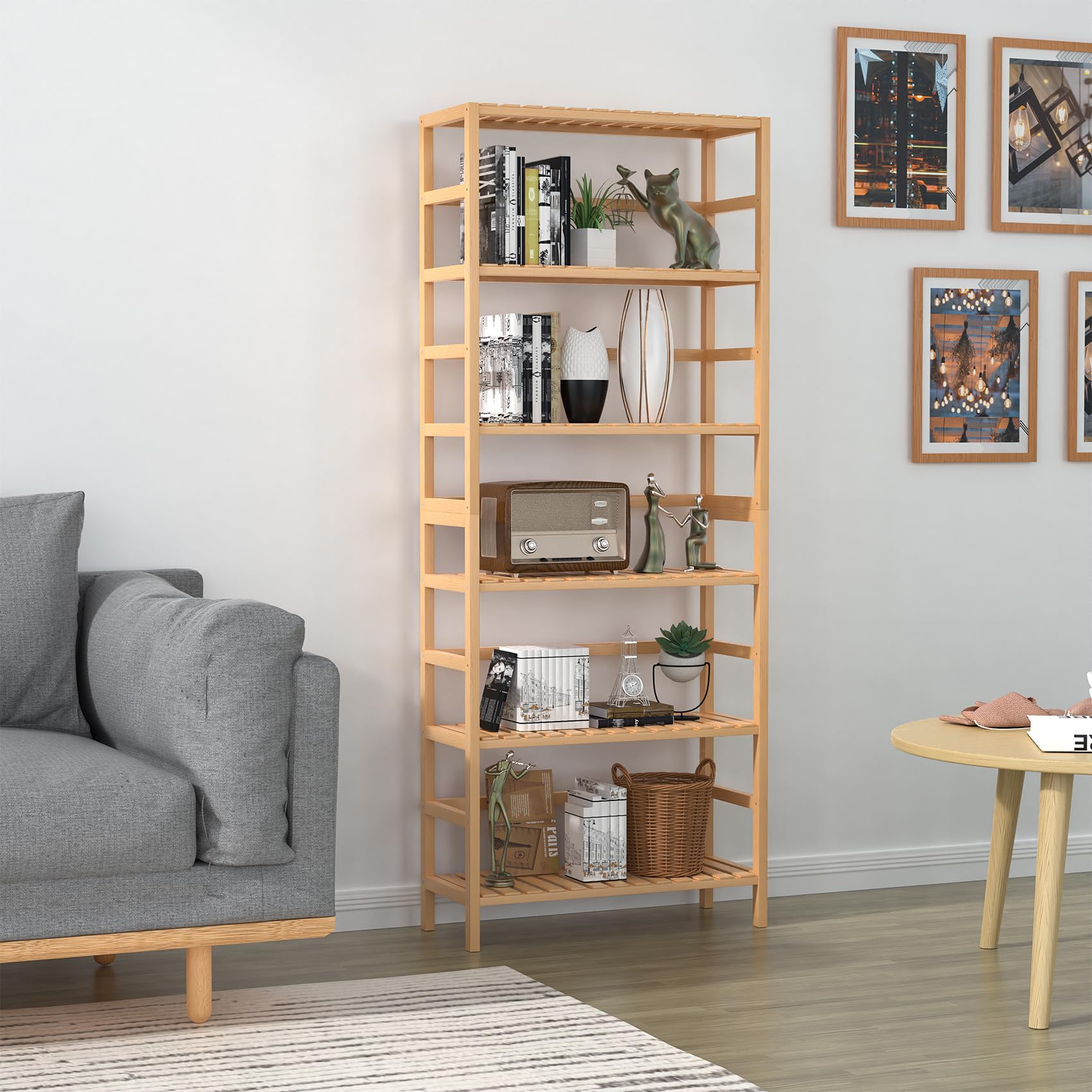 VASMIA bamboo shelf front view highlights elegant grain and versatile display potential.