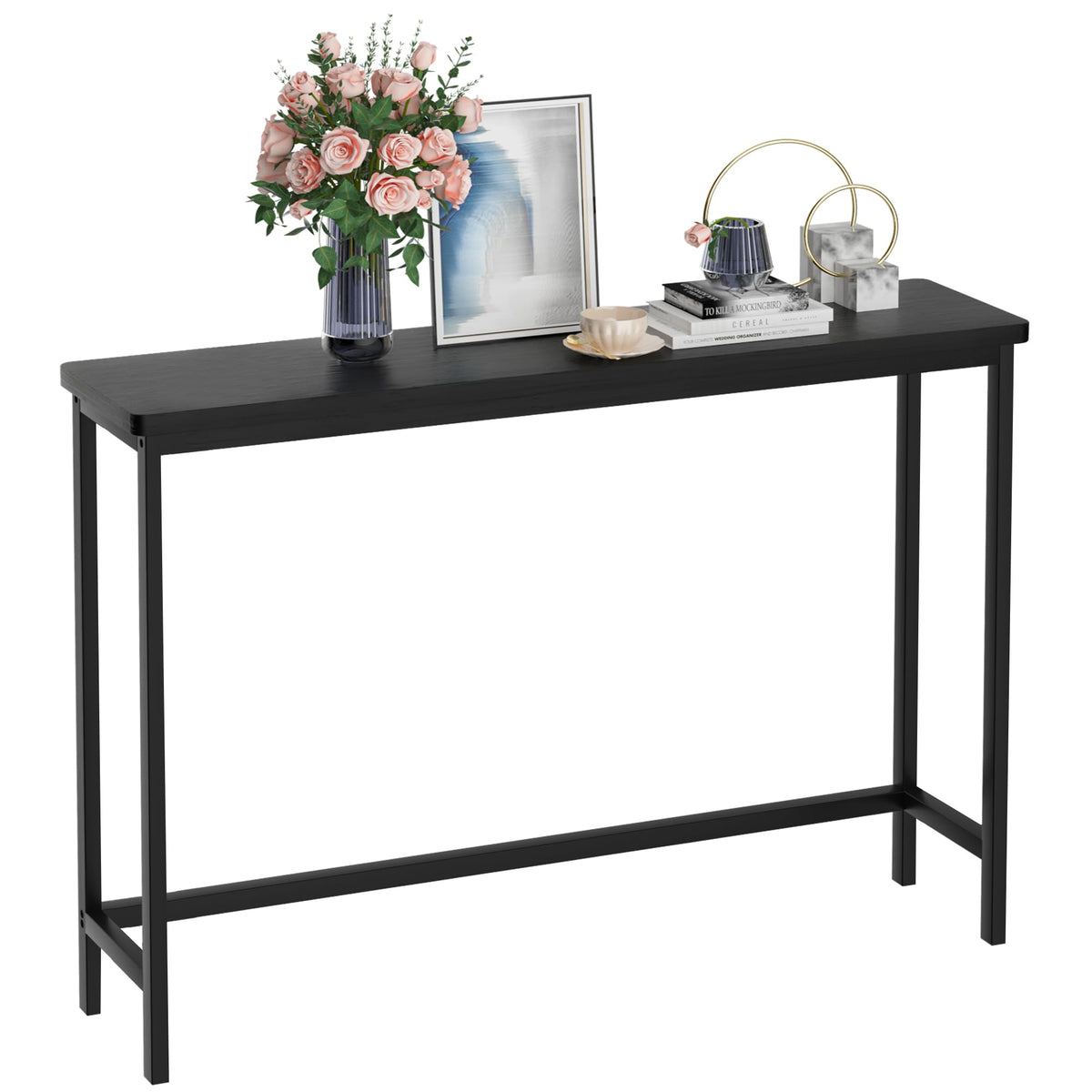 VASMIA console table 39in black, front view, with a durable bamboo surface.