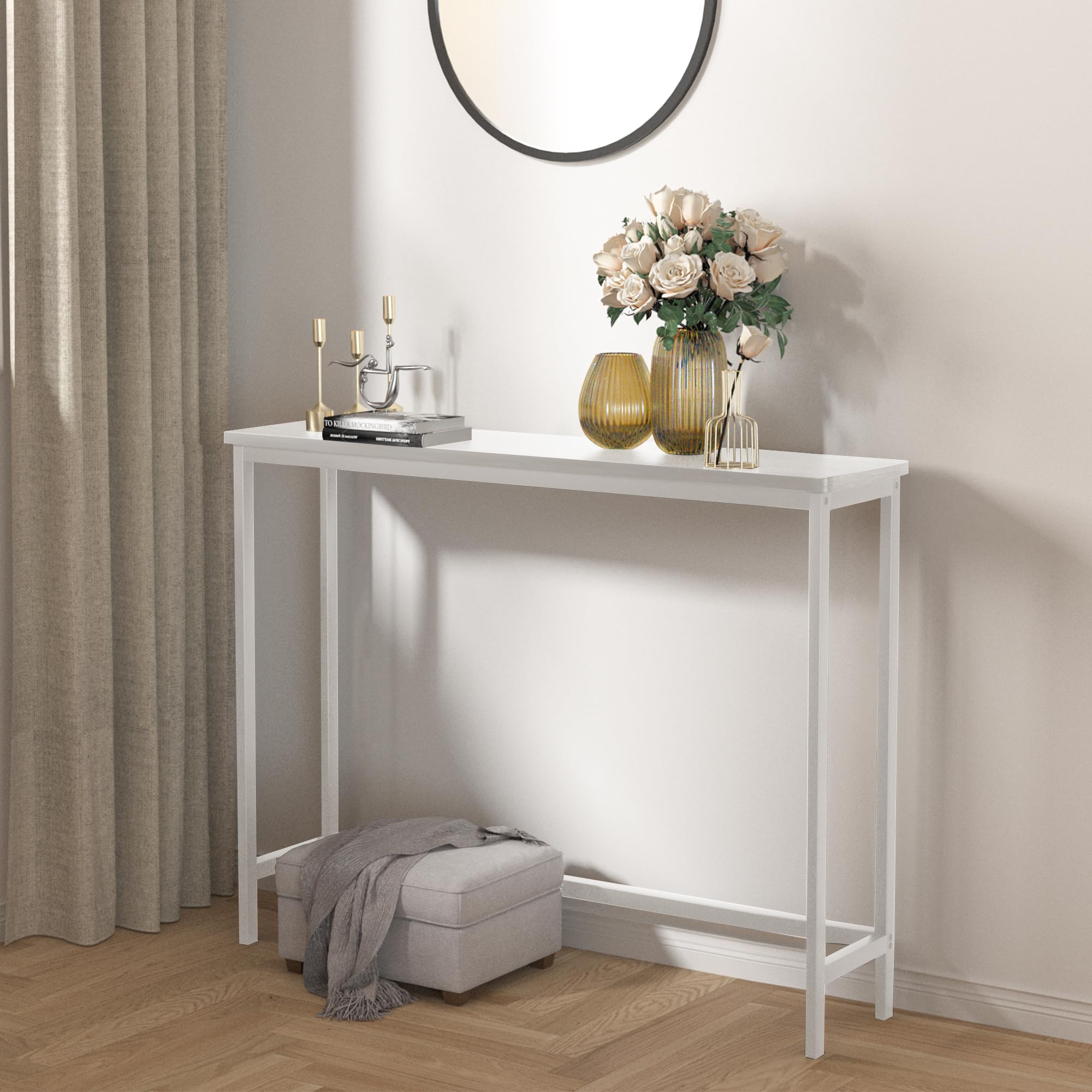 VASMIA console table side view highlights slender footprint for narrow spaces.
