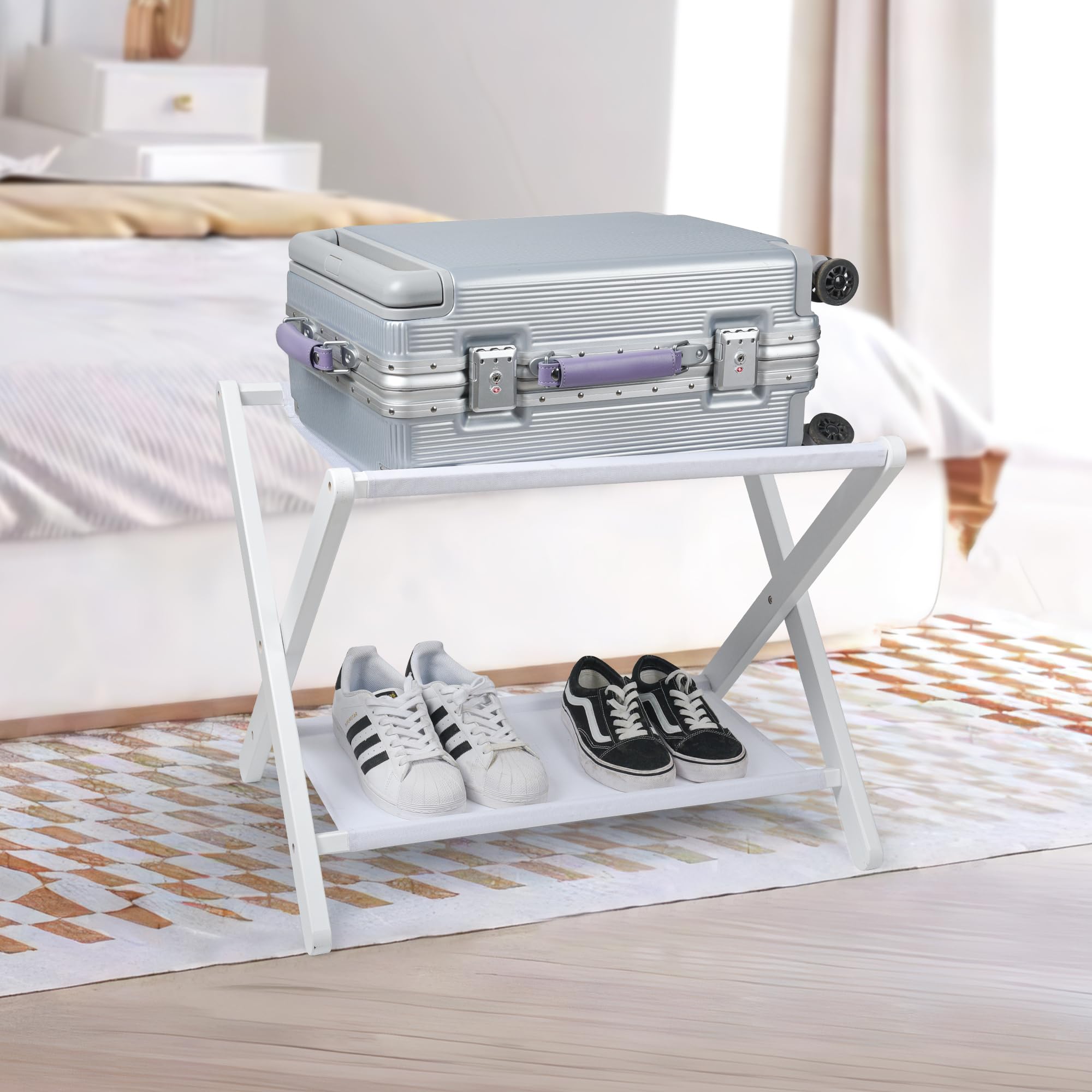 VASMIA luggage rack side view showing top surface supports up to 110 lb