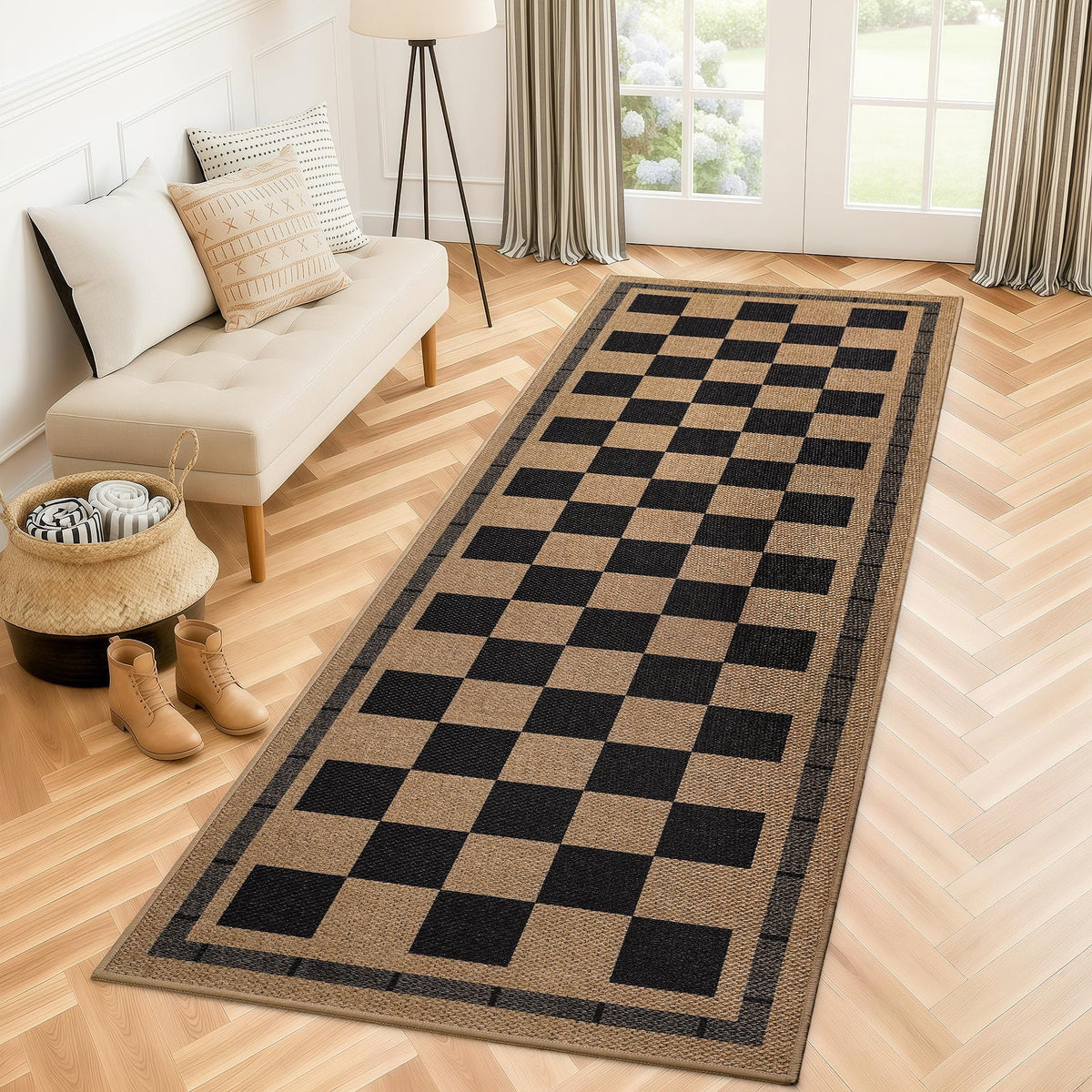 Vasofe 2x6 jute checkered rug outdoor runner with a durable non-slip surface.