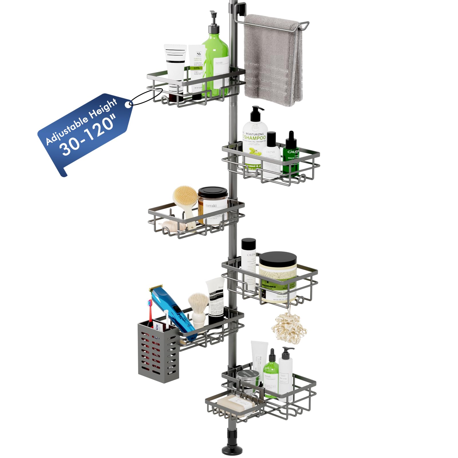 Vatex Corner Shower Caddy with six-tier baskets keeps tall bottles organized in the shower.