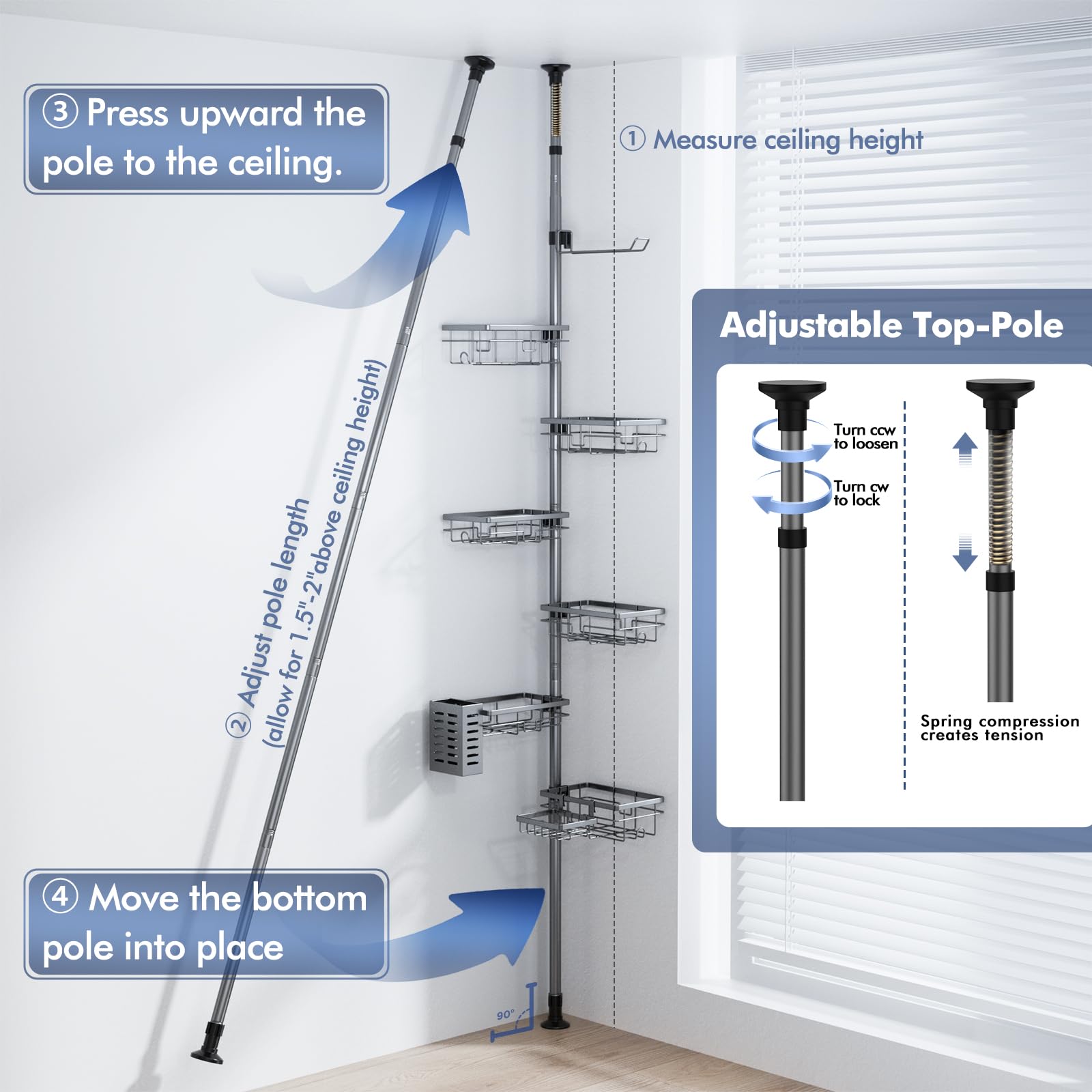 Vatex Corner Shower Caddy height adjusts from 30 to 120 inches for fit.