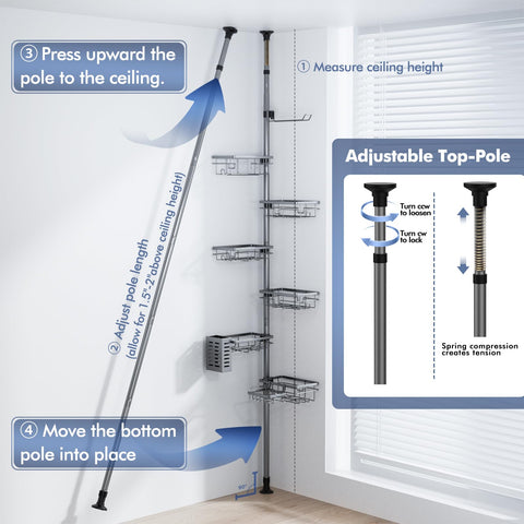 Vatex Corner Shower Caddy height adjusts from 30 to 120 inches for fit.
