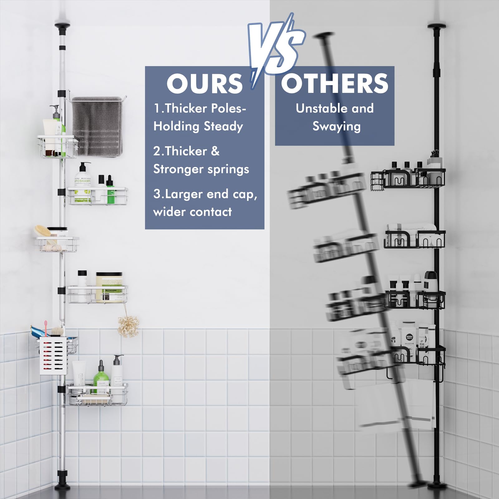 Vatex heavy-duty tension pole provides stable, wobble-free bathroom storage.