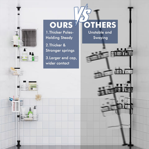 Vatex heavy-duty tension pole provides stable, wobble-free bathroom storage.