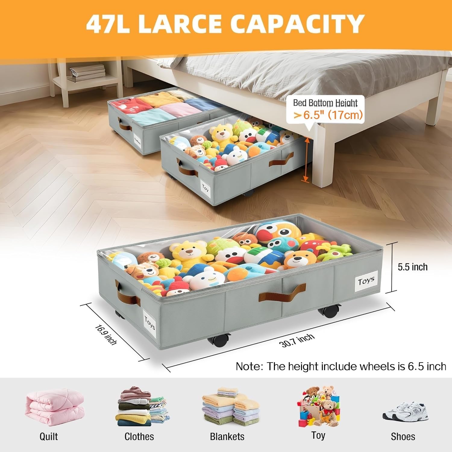 VatFott rolling under-bed storage with six casters for stable mobility.