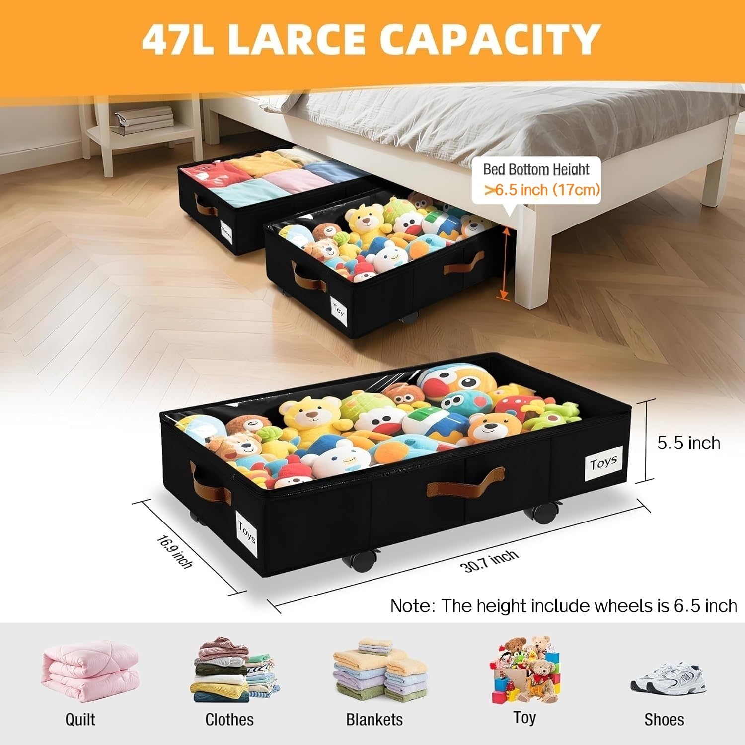 VatFott 22.5-gallon capacity stores bulky items under the bed.