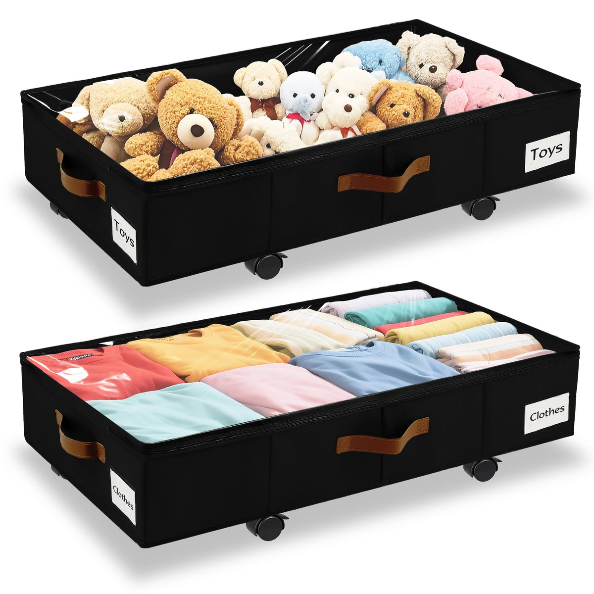 VatFott under-bed storage with wheels; smooth sliding access for clothes and shoes.