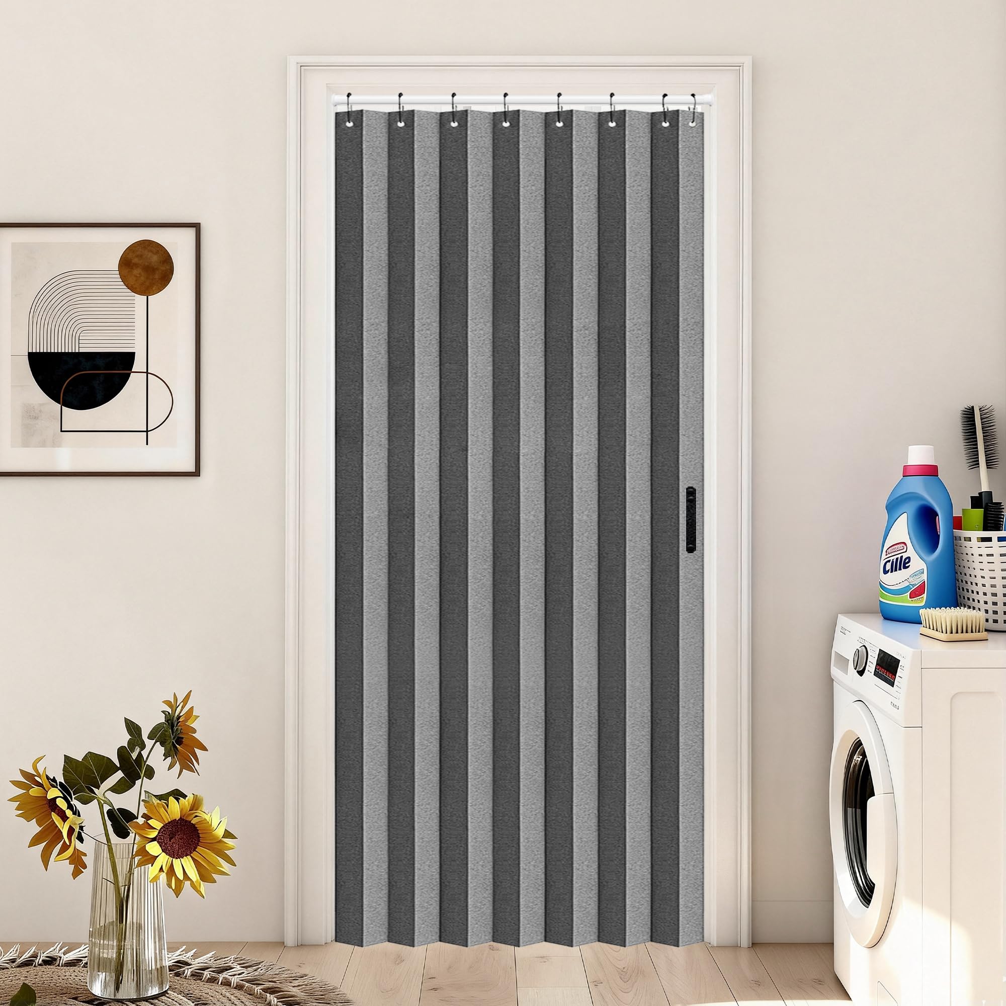 Vatge closet curtain in open closet shows privacy-friendly pleats and clean lines.