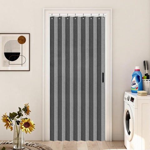 Vatge closet curtain in open closet shows privacy-friendly pleats and clean lines.