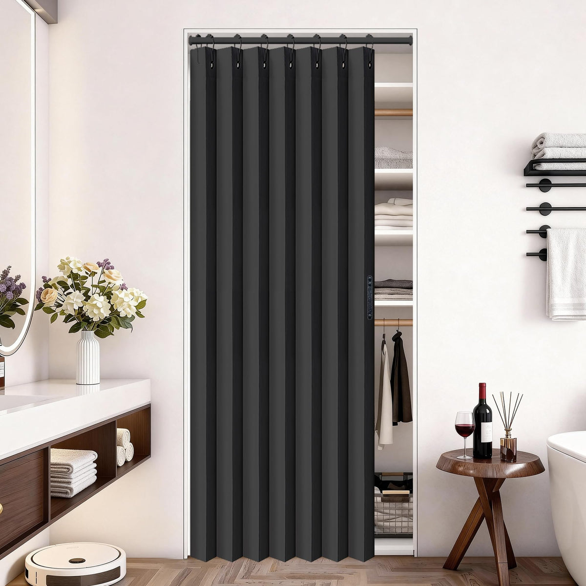 Vatge pleated closet door curtain panel for elegant room separation.