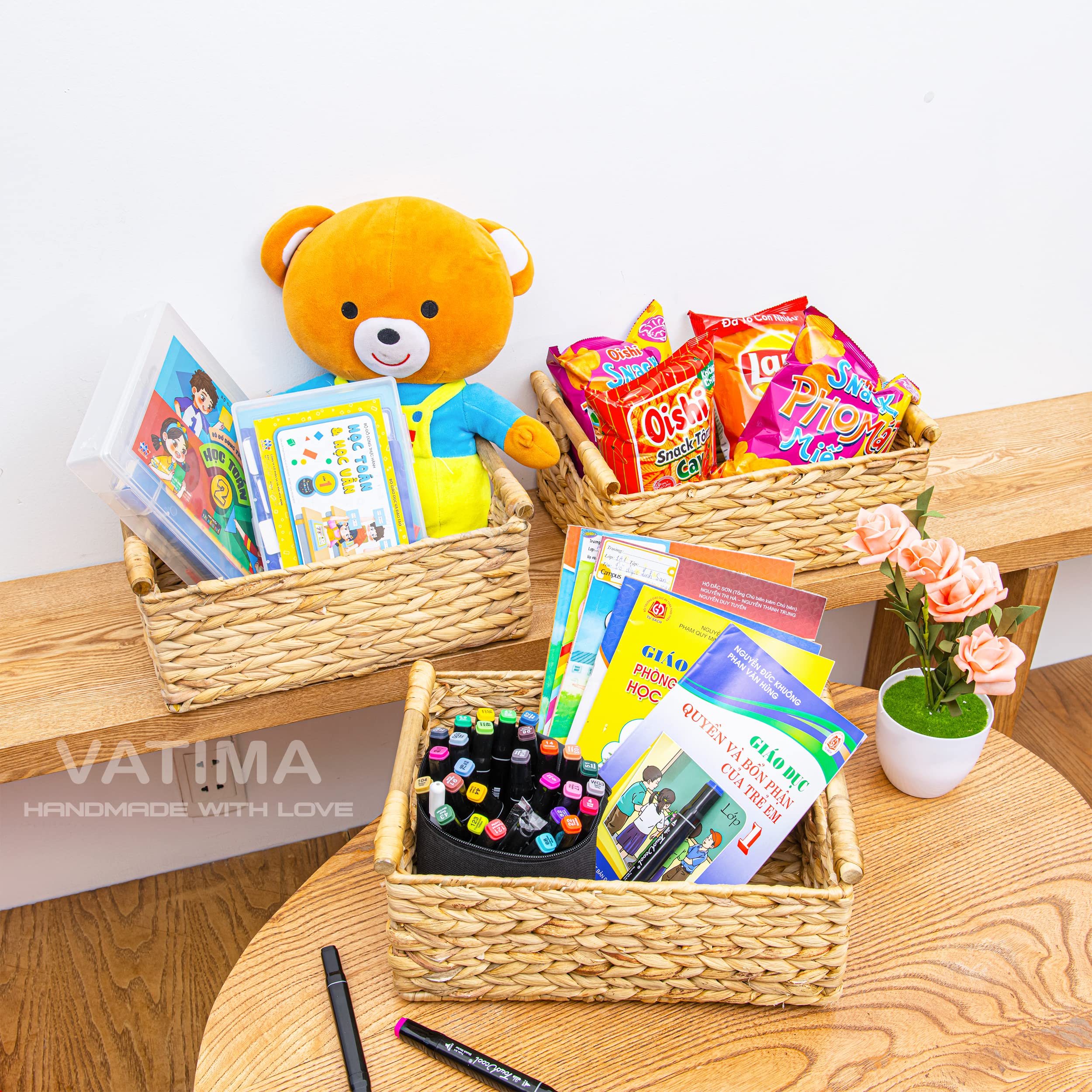 VATIMA basket helps organize toys neatly on shelves.