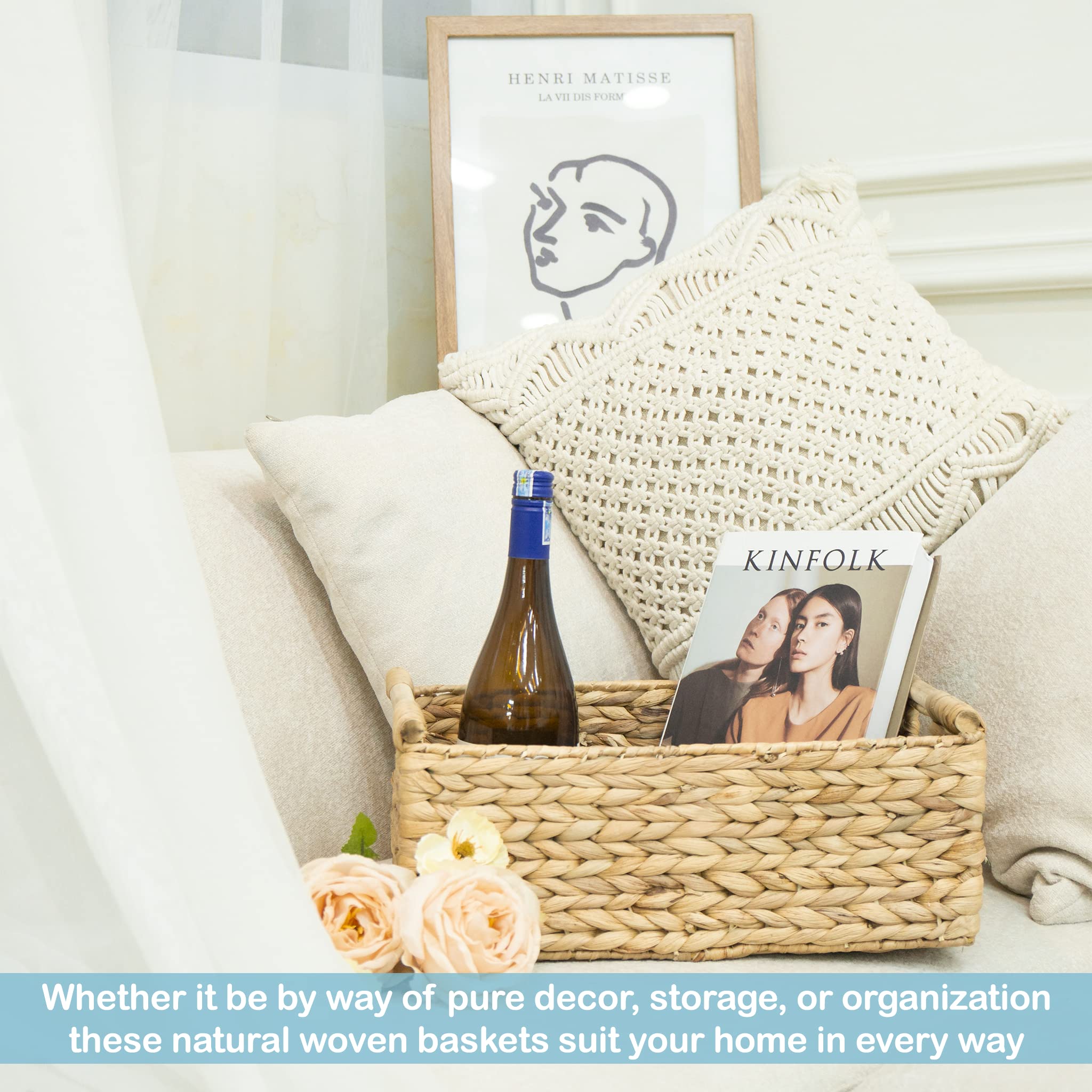 VATIMA Hyacinth large wicker basket adds natural texture to living room.
