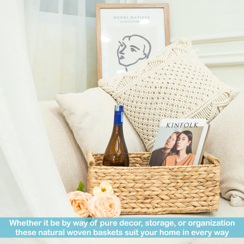VATIMA Hyacinth large wicker basket adds natural texture to living room.