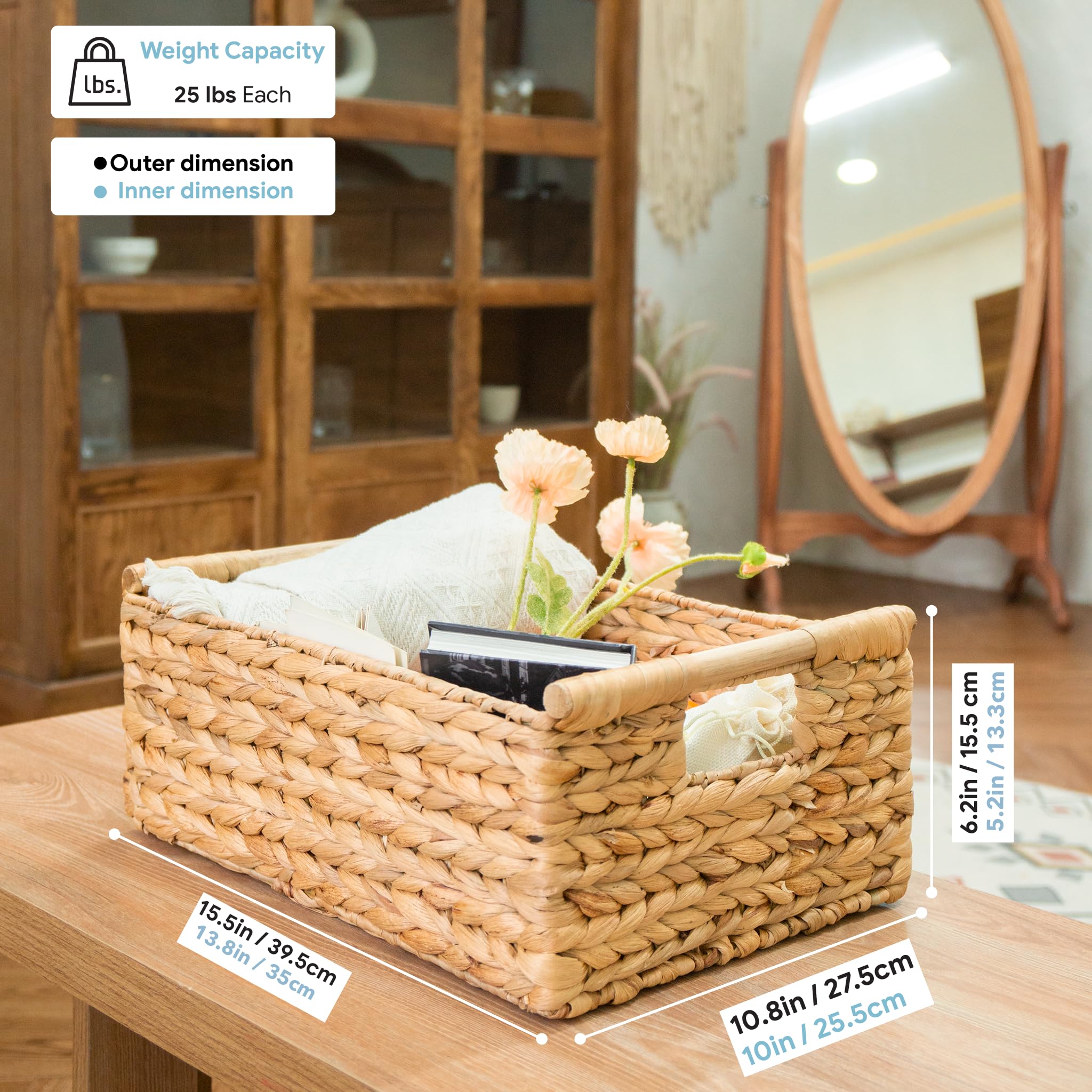 VATIMA Hyacinth large wicker basket on shelf to organize books and decor.