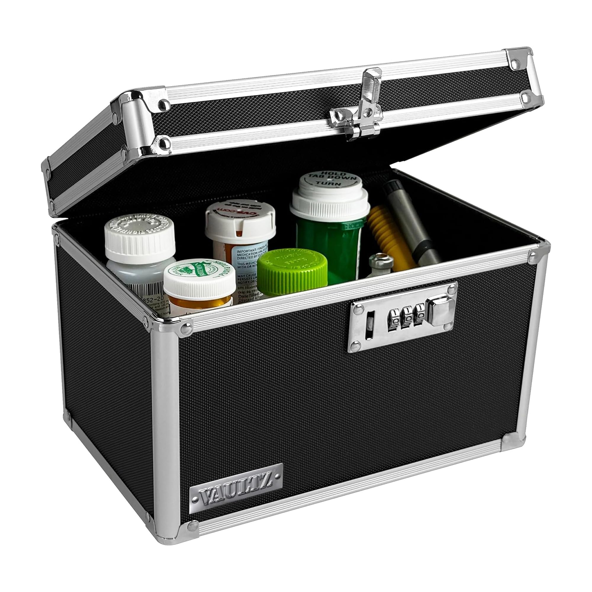 Vaultz locking medicine box closed lid keeps medications safely stored.