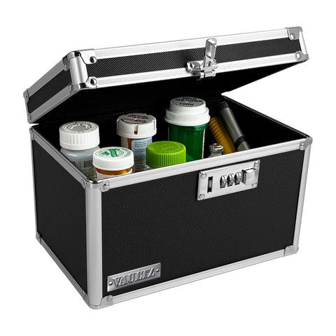 Vaultz locking medicine box closed lid keeps medications safely stored.