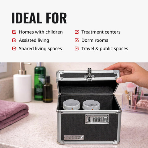 Vaultz locking medicine box front latch displays a secure mechanism for access control.