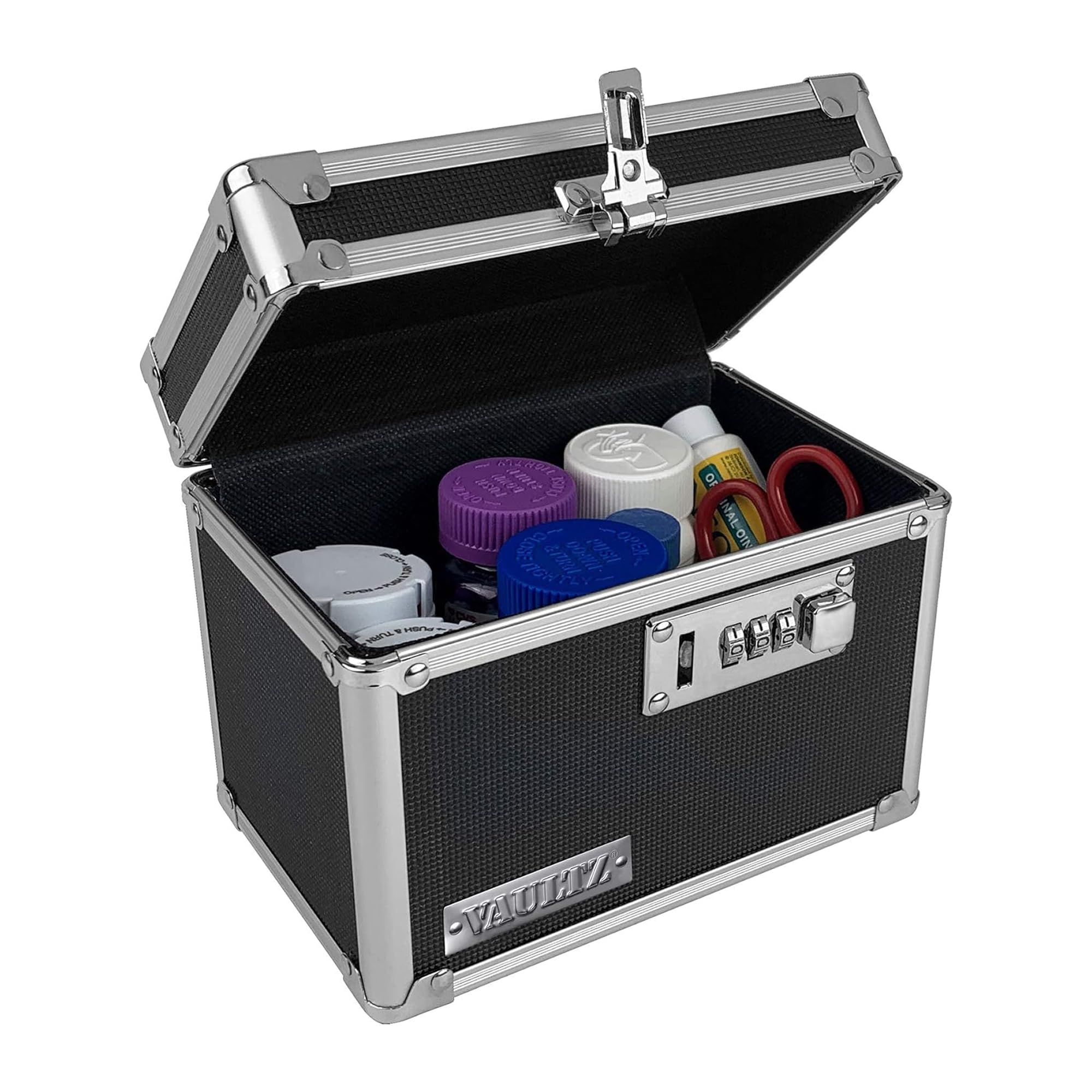 Vaultz locking medicine box front view with secure metal construction for meds