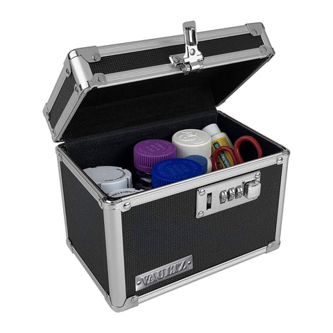 Vaultz locking medicine box front view with secure metal construction for meds