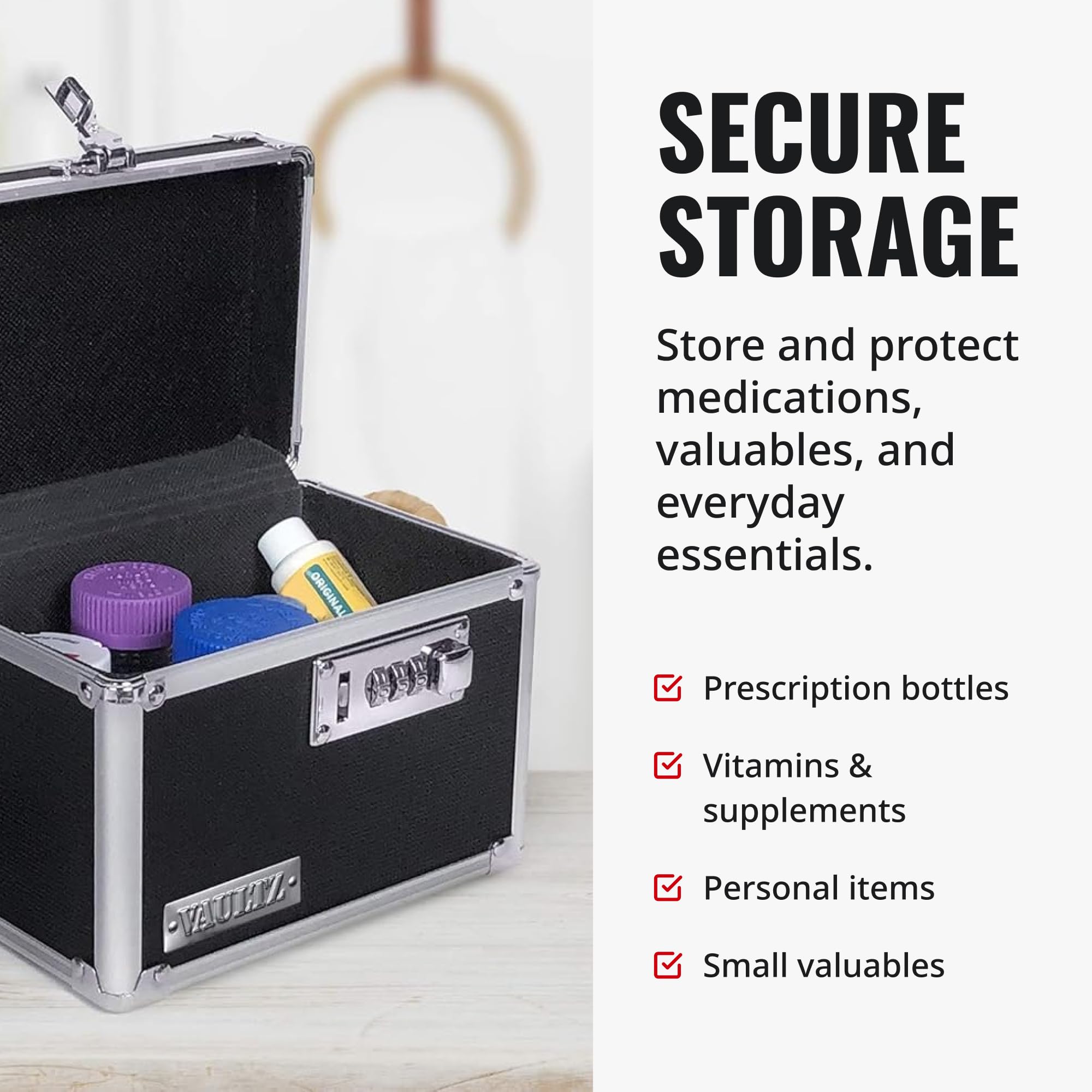 Vaultz locking medicine box interior with bottles demonstrating compact capacity