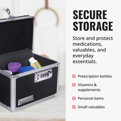 Vaultz locking medicine box interior with bottles demonstrating compact capacity