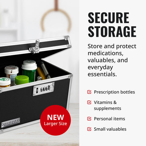Vaultz medicine box side profile shows compact portability for home or travel.