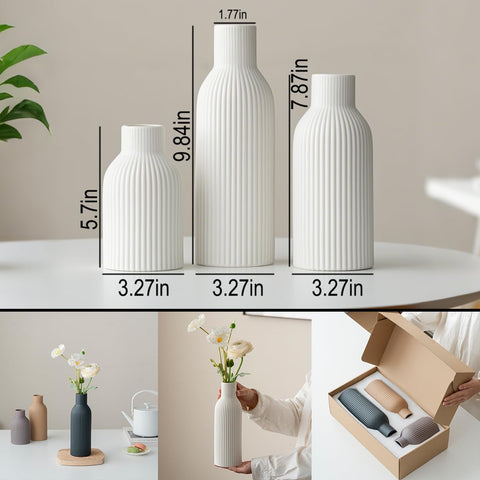 Vaurcesa ribbed texture vases in white matte, perfect as table centerpieces.