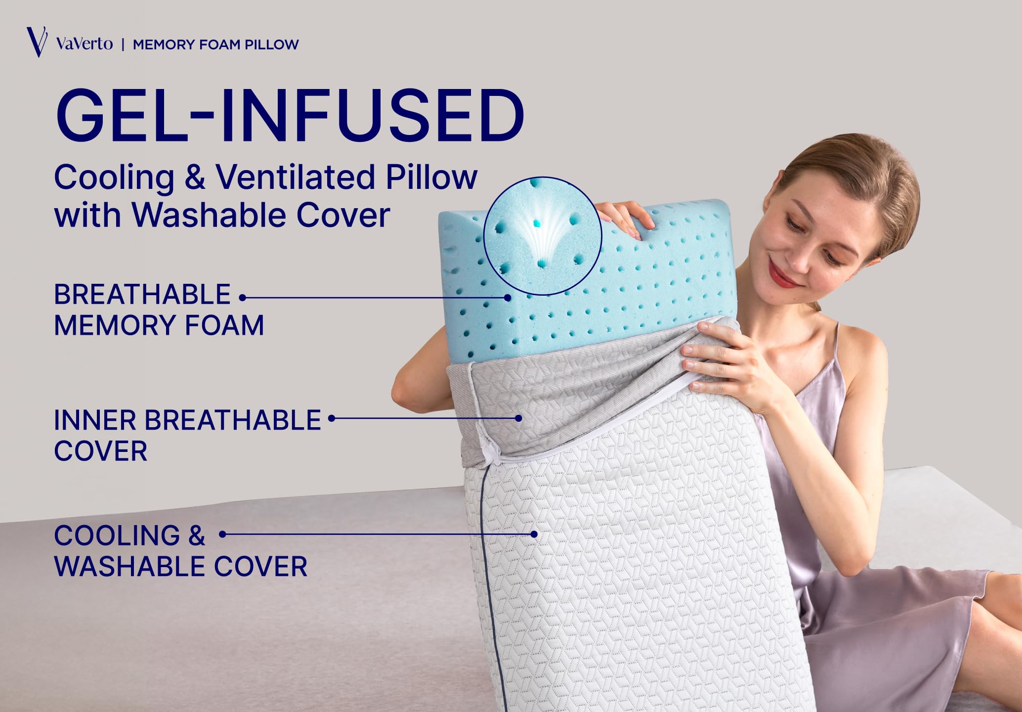 Vaverto cooling gel memory foam pillow side view showing contoured spine alignment.