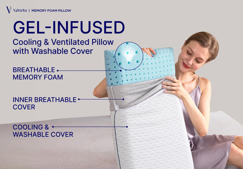 Vaverto cooling gel memory foam pillow side view showing contoured spine alignment.