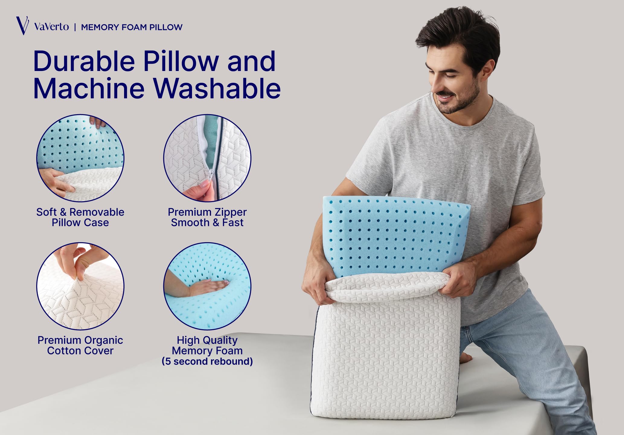 Vaverto cooling gel memory foam pillow top view emphasizing breathability.
